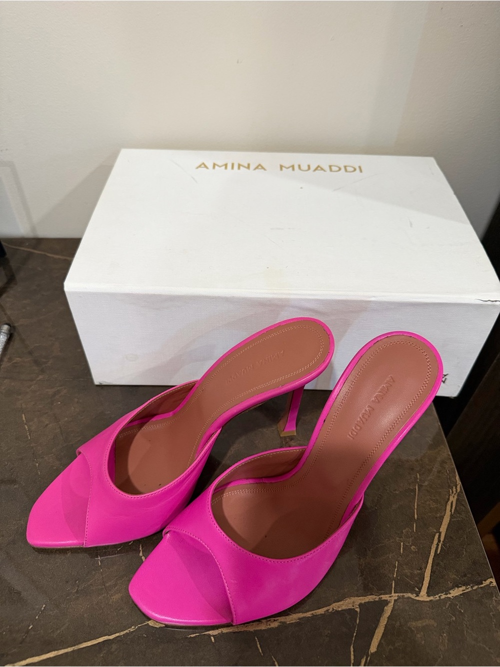 Amina Muaddi Hot Pink Open-Toe Mule Heels